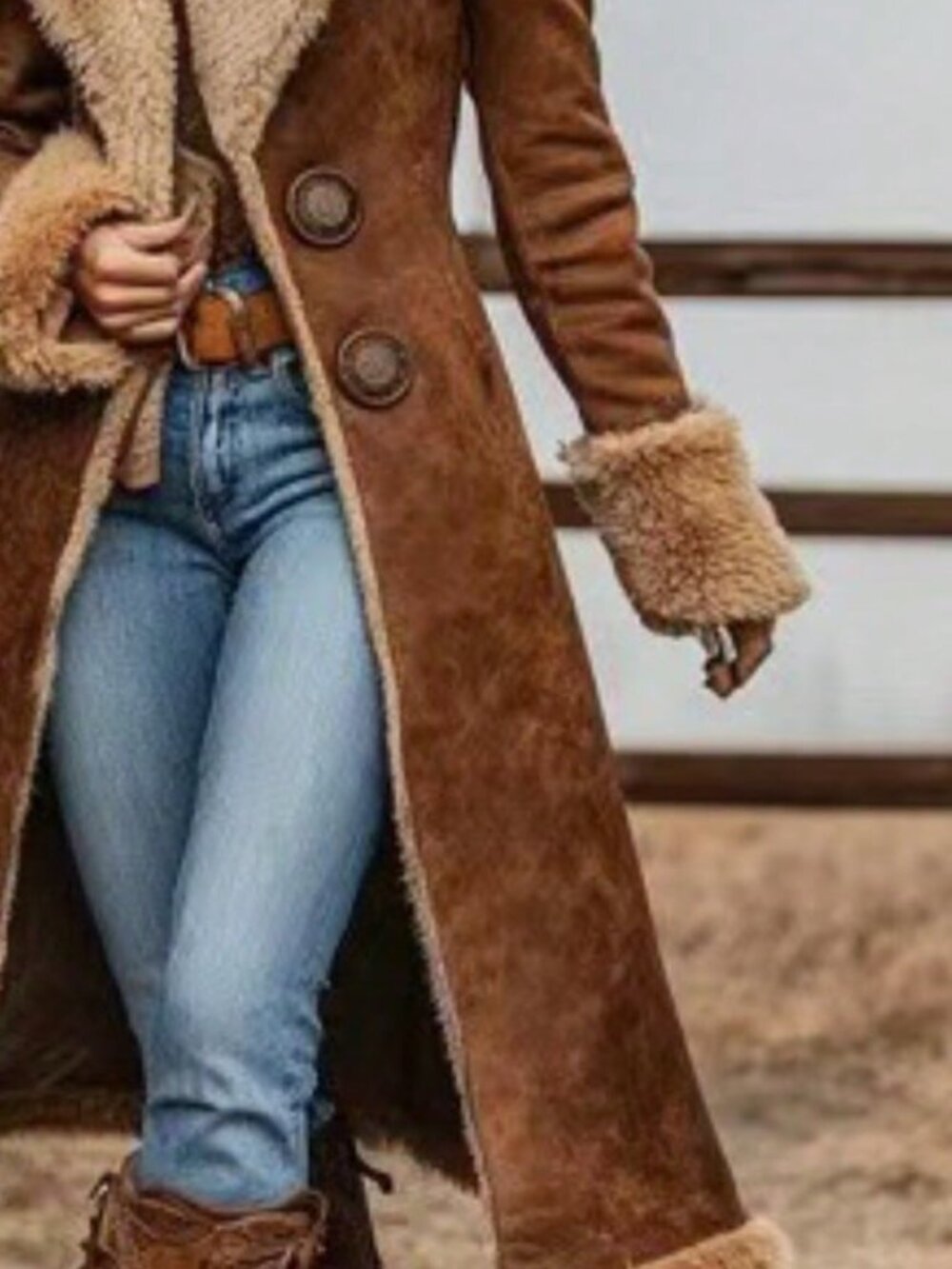 Brown Casual Elegant Women's Faux Shearling Long Coat - Picture 2 of 2